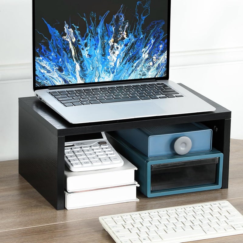 TEAMIX 14.2 inch Monitor Stand Riser, Wood Monitor Riser with Storage for Desk Small Monitor Stand TV/Screen/PC/Laptop Riser Computer Stand Desktop Shelf (Black-Higher) - Image 2